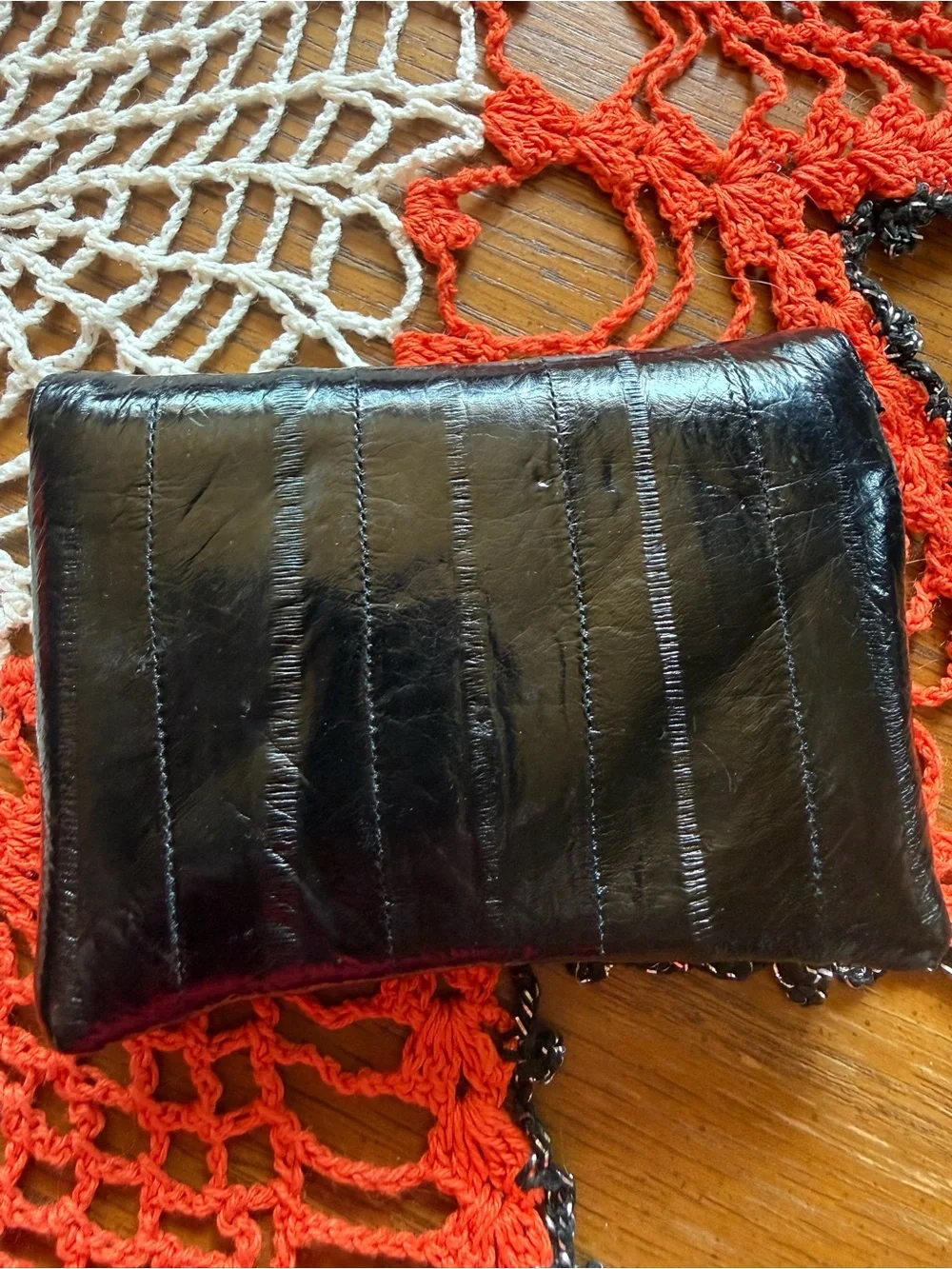 Vintage 80s Black Eel Skin Mini Clutch Coin Purse Made in Korea
